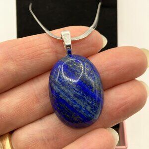 Lapis Lazuli OVAL Pendant Necklace Waterproof Stainless Snake Chain NEW Gift Box